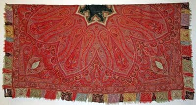 Deep Red Wool Paisley Shawl with Gold Detailing