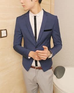 Navy Blue Wool Blend Slim-Fit Blazer