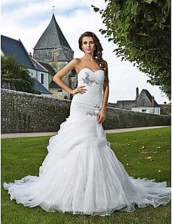 White Tulle Strapless Mermaid Wedding Gown