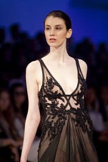 Black Lace Overlay Nude Silk Chiffon A-Line Gown