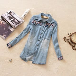 Light Blue Denim Shirt with Floral Embroidery