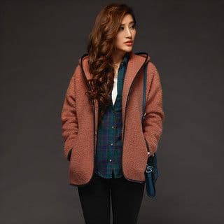 Rust Orange Oversized Fleece Jacket Navy Trim