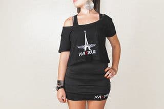 Black Cotton Off-Shoulder Graphic T-Shirt Dress