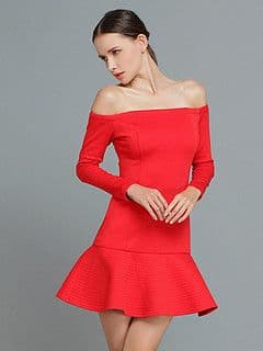 Red Stretch Knit Off-Shoulder Trumpet Mini Dress