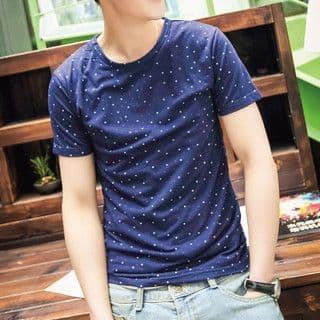 Navy Blue Cotton Polka Dot T-Shirt