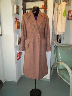 Camel Brown Pinstripe Wool Double-Breasted Coat