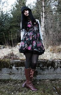Black Cotton Floral Fit and Flare Mini Dress