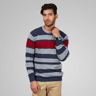 Navy Blue Striped Cotton Crew Neck Sweater