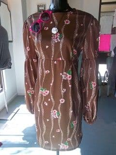 Brown Silk Chiffon Drop-Waist Floral Dress