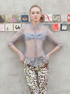 Dove Gray Silk Organza Sheer Button-Front Blouse