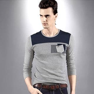 Navy Blue Heather Gray Color-Blocked Long-Sleeve Tee