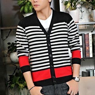 Black White Striped Cotton Cardigan Red Accents