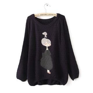 Black Oversized Cotton Pullover with Pink Appliqué