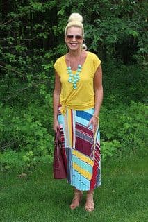 Striped Cotton Blend Straight Midi Skirt