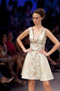Champagne Jacquard Floral Fit-and-Flare Cocktail Dress