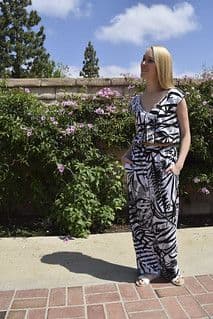 Black White Botanical Print Wide Leg Jumpsuit