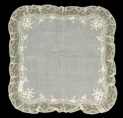 Ivory Linen Handkerchief with Embroidered Lace Border