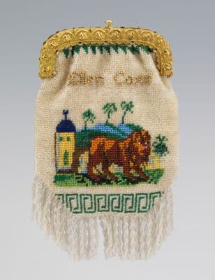 Cream Linen Beaded Reticule with Pastoral Scene