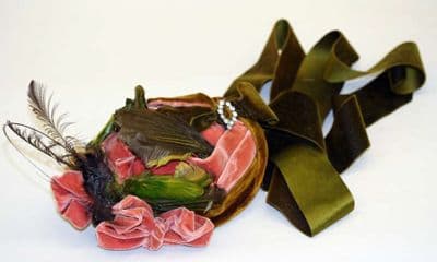 Olive Green Silk Ribbon Hat Trimming with Coral Flowers