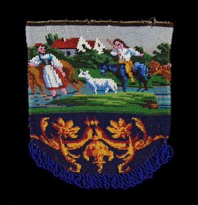 Multicolored Glass Beaded Drawstring Pouch with Pastoral Scene