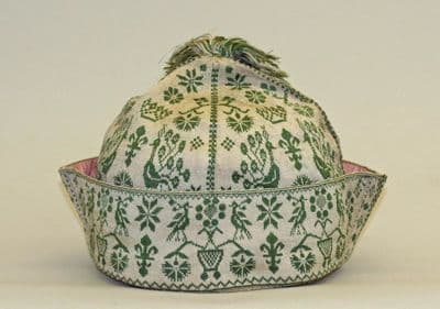 Cream Silk Embroidered Coif Cap with Green Details