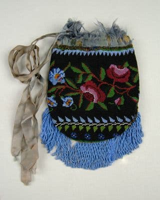 Black Linen Beaded Drawstring Pouch with Floral Design