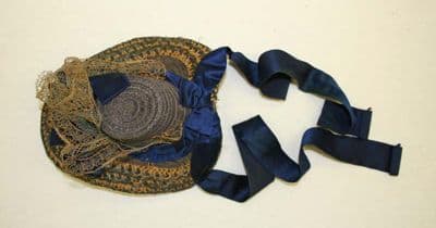 Small Woven Straw Bonnet with Navy Ribbon