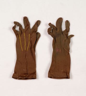Brown Silk Opera Gloves with Golden Stitching