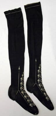 Black Silk Stockings with White Floral Embroidery