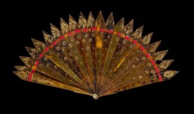Golden Brown Horn Brisé Fan with Red Ribbon