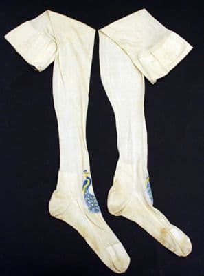 Cream Silk Stockings with Blue Embroidered Motifs