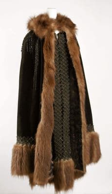 Black Silk Velvet Mantle with Brown Fur Trim