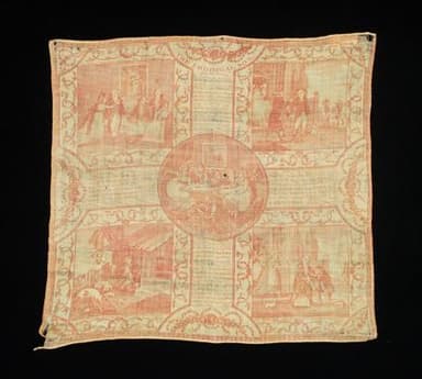 Coral Red Linen Commemorative Handkerchief with Printed Scenes