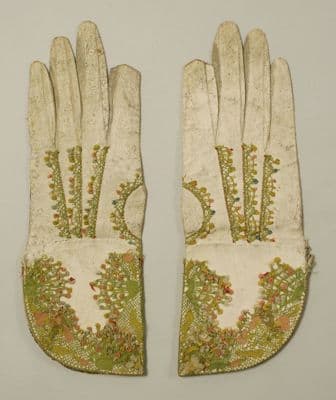 Cream Leather Mitts with Gold Green Embroidery