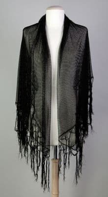 Black Silk Textured Geometric Fringed Evening Shawl