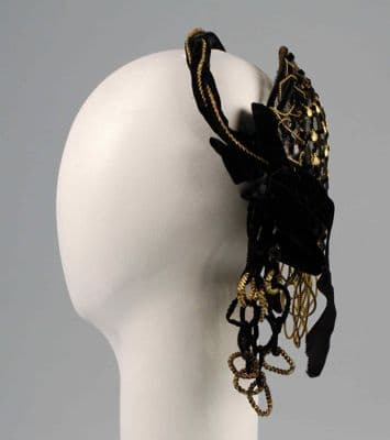 Black Silk Evening Headdress with Gold Beading