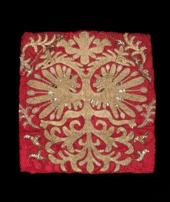 Deep Red Silk Ceremonial Headdress with Gold Embroidery