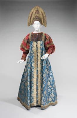 Deep Blue Silk Brocade Russian Sarafan Ensemble