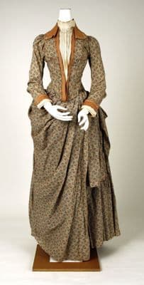 Olive Green Cotton Print Bustle Walking Dress