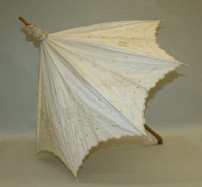 Cream Linen Parasol with Embroidered Floral Motifs