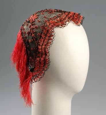 Black Silk Net Evening Cap with Red Embroidery