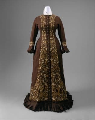 Brown Wool Bustle Dress with Gold Embroidery