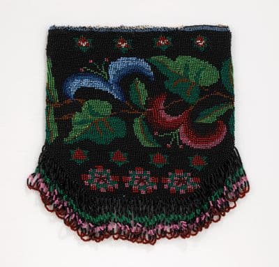 Black Linen Beaded Drawstring Pouch with Floral Motif