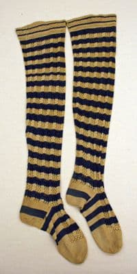 Navy Blue Golden Yellow Striped Linen Knee-High Stockings