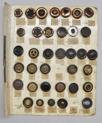 Card of plastic button samples, Froner Plastics Ltd., Great Britain, ca. 1947