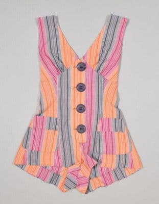Grey Pink Orange Striped Cotton Beach Playsuit