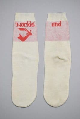 Cream Wool Crew Socks with Red Text