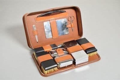Tan Leather Travel Grooming Kit Chrome Fittings