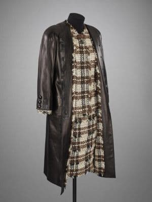 Black Lambskin Leather Coat with Tweed Ensemble