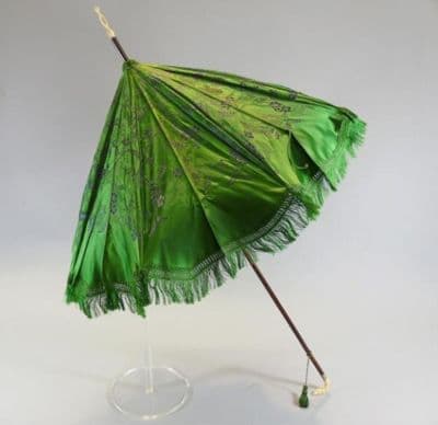 Emerald Green Figured Satin Parasol with Ivory Handle